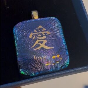 Brilliant blue glass fused square pendant with Kanji symbol for love in gold